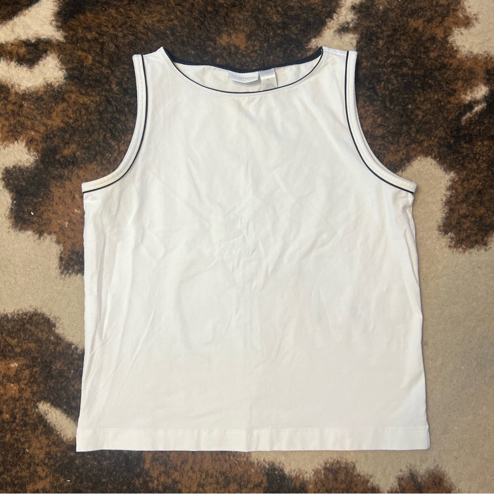 Liz Claiborne Boat Neck White Top with Black Piping